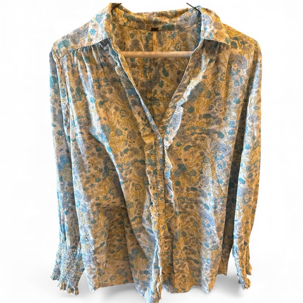 Free People Blue and Cream Floral Top